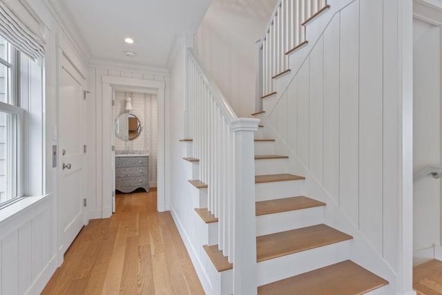 17 Intervale Rd, York, ME 03902 - staircase featuring wood finished floors, crown molding, and recessed lighting