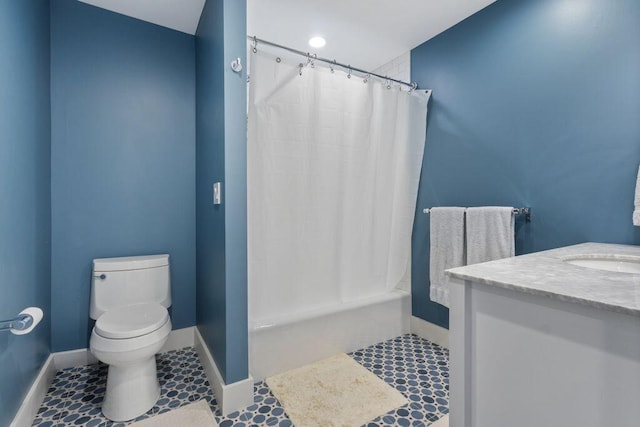 17 Intervale Rd, York, ME 03902 - full bath featuring vanity, shower / bath combo with shower curtain, and tile patterned flooring