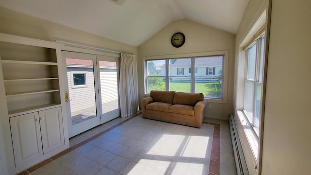 9 Wood St, Bangor, ME 04401 - sunroom / solarium with a baseboard heating unit, french doors, lofted ceiling, plenty of natural light, and tile patterned flooring
