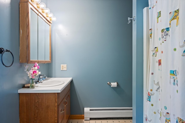 2 Bryer Heights Rd, Milford, ME 04461 - bathroom with a baseboard radiator, vanity, and a shower with shower curtain