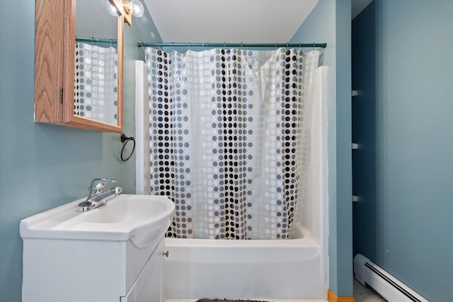 2 Bryer Heights Rd, Milford, ME 04461 - full bathroom featuring baseboard heating, vanity, and shower / tub combo with curtain