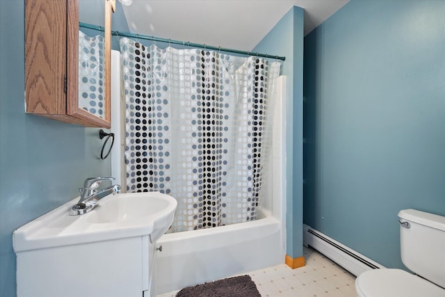 2 Bryer Heights Rd, Milford, ME 04461 - bathroom with baseboard heating, vanity, tile patterned floors, and shower / tub combo with curtain