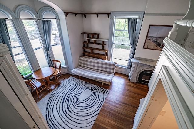 12 Deering St Unit 1, Portland, ME 04101 - living area featuring dark wood-style floors and a fireplace