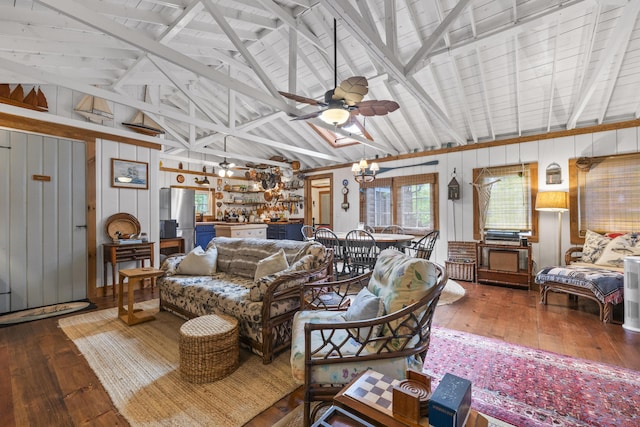 94 Crest Ave, Boothbay Harbor, ME 04538 - living area with hardwood / wood-style floors, a ceiling fan, a chandelier, and wood walls