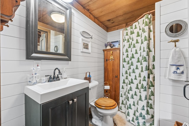 94 Crest Ave, Boothbay Harbor, ME 04538 - bathroom featuring vanity, wooden ceiling, a shower with curtain, and wood walls