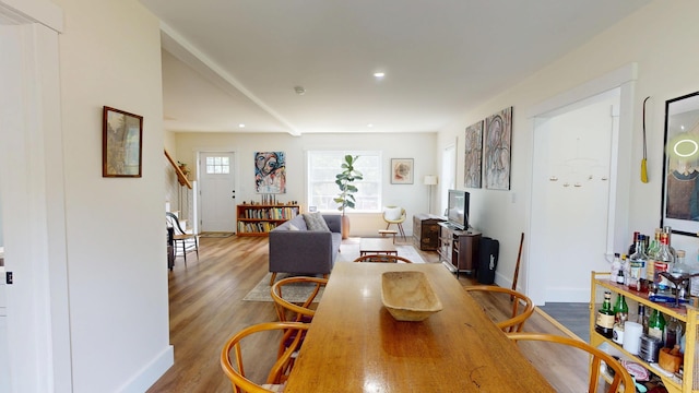 42 Hillside Rd, Orono, ME 04473 - dining area with wood finished floors, recessed lighting, and stairs