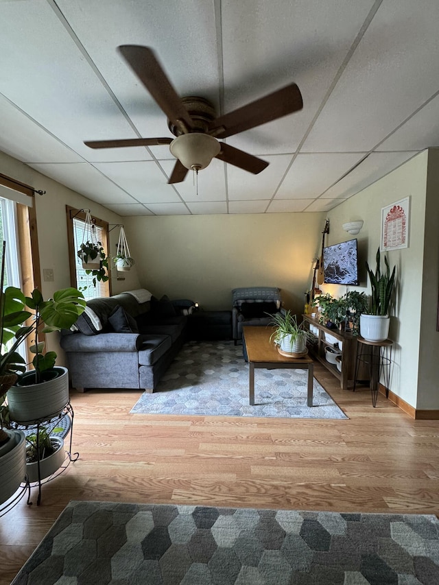 65 Quarry Rd, Sullivan, ME 04664 - living area with wood finished floors, a ceiling fan, and a paneled ceiling