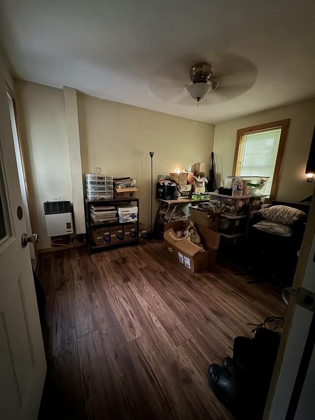 65 Quarry Rd, Sullivan, ME 04664 - miscellaneous room featuring heating unit, wood finished floors, and a ceiling fan