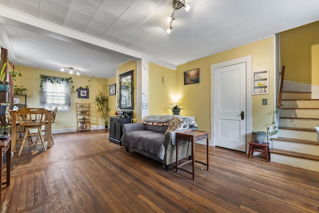 22 Cobb Rd, Bath, ME 04530 - living area with hardwood / wood-style floors, stairs, and track lighting