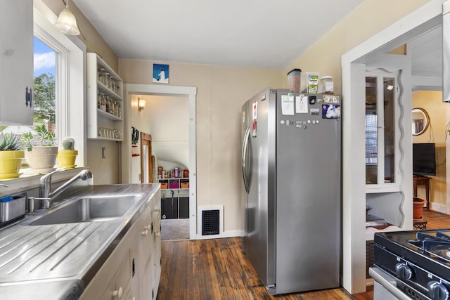 22 Cobb Rd, Bath, ME 04530 - kitchen with freestanding refrigerator, stainless steel countertops, dark wood finished floors, and gas range
