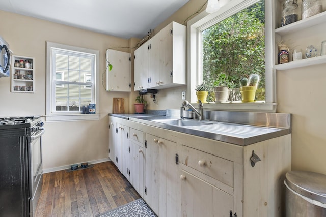 22 Cobb Rd, Bath, ME 04530 - kitchen with stainless steel countertops, gas range, dark wood-type flooring, and white cabinetry