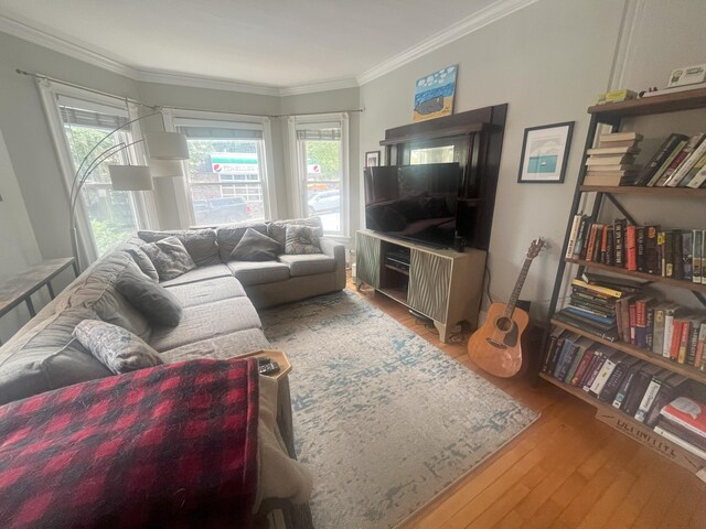 78 Mellen St Unit 2, Portland, ME 04101 - living area with ornamental molding, plenty of natural light, and wood finished floors