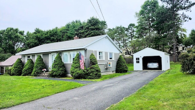 32 Highland Ave, Lincoln, ME 04457 - view of front of property featuring a garage, a front lawn, an outdoor structure, a chimney, and view of scattered trees