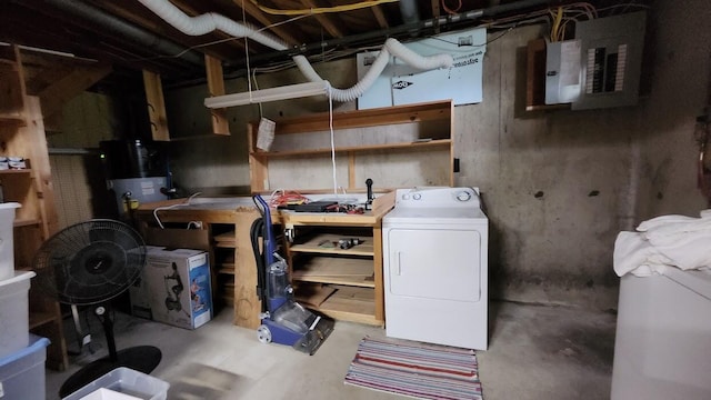 32 Highland Ave, Lincoln, ME 04457 - unfinished below grade area featuring washer / dryer and electric panel