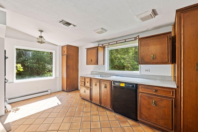 48 Elm St, Newfield, ME 04095 - kitchen with dishwasher, a baseboard heating unit, light countertops, brown cabinets, and healthy amount of natural light