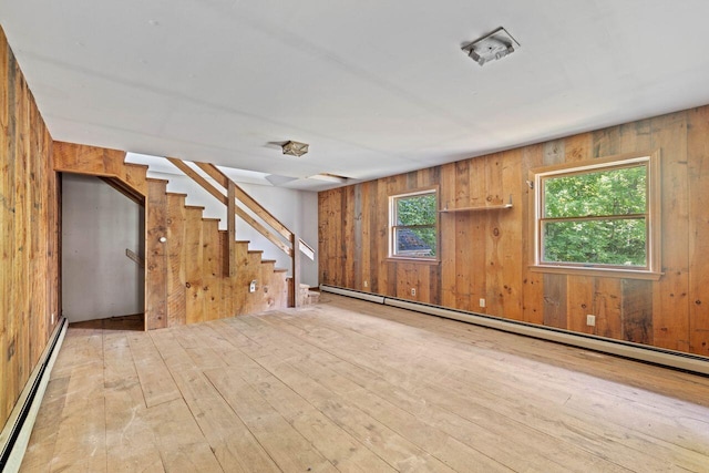48 Elm St, Newfield, ME 04095 - below grade area with a baseboard radiator, wooden walls, stairs, and hardwood / wood-style floors