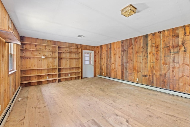 48 Elm St, Newfield, ME 04095 - empty room with a baseboard radiator, wood walls, and hardwood / wood-style flooring