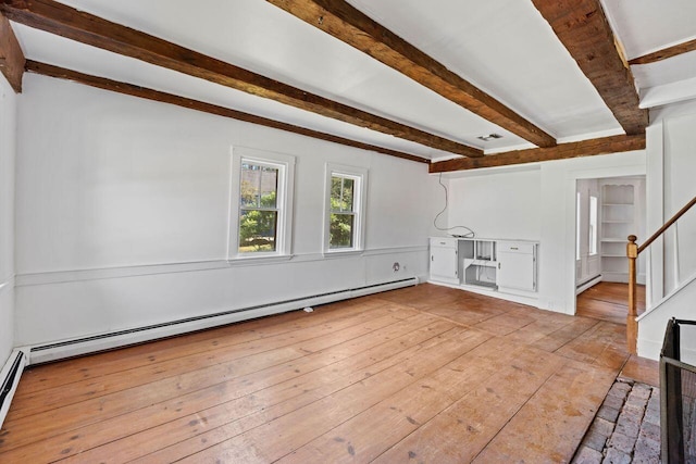 48 Elm St, Newfield, ME 04095 - unfurnished living room with beamed ceiling, light wood-style flooring, baseboard heating, and stairway