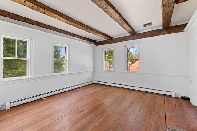 48 Elm St, Newfield, ME 04095 - empty room featuring hardwood / wood-style floors, beam ceiling, a baseboard radiator, and baseboard heating