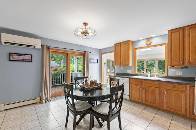 38 Tarr Ave, Lewiston, ME 04240 - dining room with a wall mounted AC, healthy amount of natural light, a baseboard radiator, recessed lighting, and light tile patterned floors