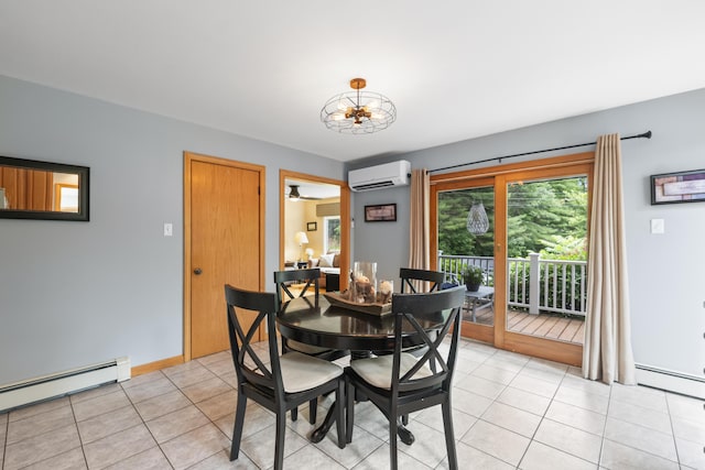38 Tarr Ave, Lewiston, ME 04240 - dining space featuring a wall unit AC, a baseboard heating unit, light tile patterned flooring, and a chandelier