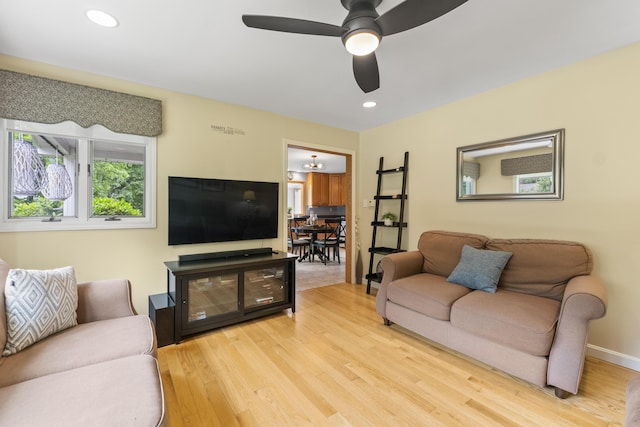 38 Tarr Ave, Lewiston, ME 04240 - living area featuring light wood-type flooring, ceiling fan, and recessed lighting
