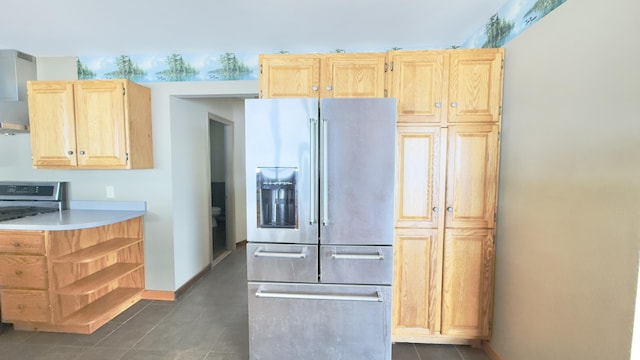 270 Grant Rd, Sullivan, ME 04664 - kitchen featuring stainless steel appliances, light brown cabinets, dark tile patterned flooring, open shelves, and light countertops