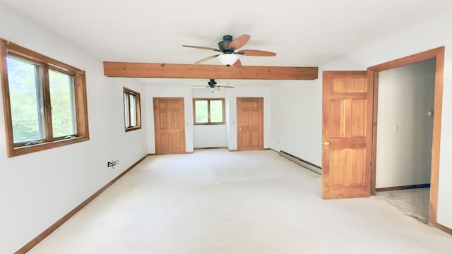 270 Grant Rd, Sullivan, ME 04664 - unfurnished room featuring a baseboard radiator, a ceiling fan, beamed ceiling, and light carpet