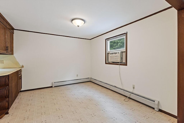 329 Reed Rd, Windsor, ME 04363 - unfurnished dining area with a baseboard heating unit, light flooring, crown molding, and cooling unit
