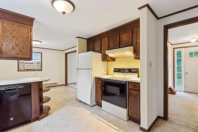 329 Reed Rd, Windsor, ME 04363 - kitchen featuring white appliances, under cabinet range hood, ornamental molding, light countertops, and baseboard heating