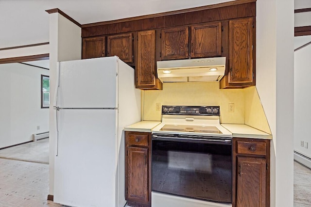 329 Reed Rd, Windsor, ME 04363 - kitchen with electric range oven, under cabinet range hood, freestanding refrigerator, and light countertops