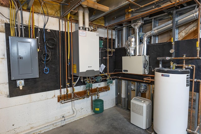 13 Bremen St, Westbrook, ME 04092 - utility room featuring electric panel, gas water heater, and water heater