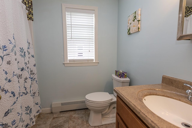 13 Bremen St, Westbrook, ME 04092 - bathroom with vanity, a baseboard heating unit, a shower with shower curtain, and tile patterned flooring
