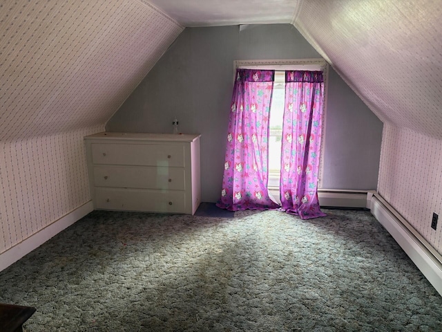 41 S Main St, Burnham, ME 04922 - additional living space with lofted ceiling, carpet floors, a baseboard radiator, and wallpapered walls