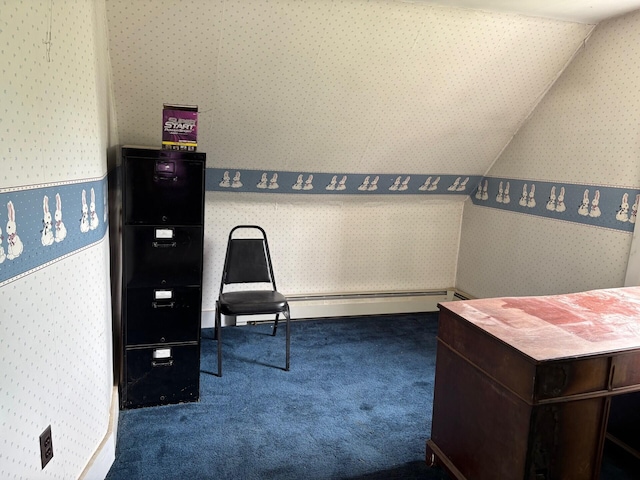 41 S Main St, Burnham, ME 04922 - office area featuring wallpapered walls, carpet floors, baseboard heating, and vaulted ceiling