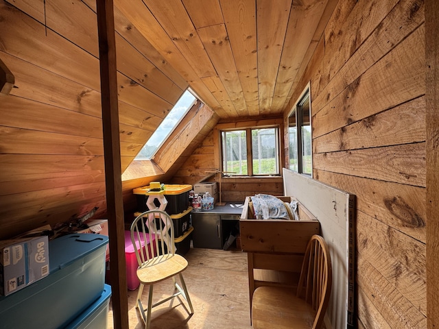 1698 Exeter Rd, Exeter, ME 04435 - additional living space featuring a skylight, wood ceiling, wooden walls, and lofted ceiling