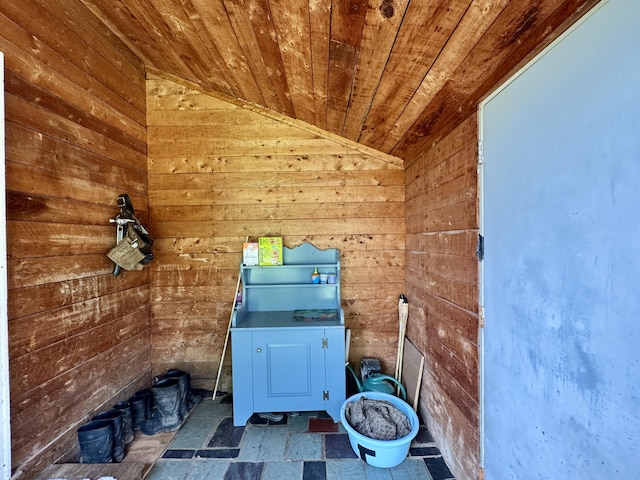 1698 Exeter Rd, Exeter, ME 04435 - bathroom featuring wooden ceiling, vaulted ceiling, and wooden walls