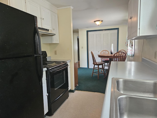 381 Birch St, Bangor, ME 04401 - kitchen featuring black appliances, exhaust hood, carpet, white cabinetry, and light countertops