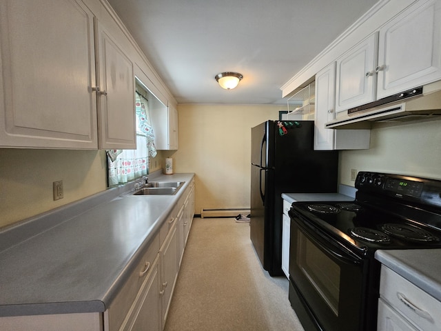 381 Birch St, Bangor, ME 04401 - kitchen with black / electric stove, under cabinet range hood, baseboard heating, white cabinets, and light carpet