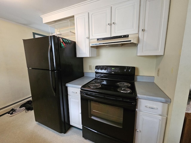 381 Birch St, Bangor, ME 04401 - kitchen with black appliances, under cabinet range hood, white cabinetry, crown molding, and a baseboard radiator