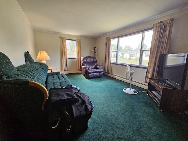 381 Birch St, Bangor, ME 04401 - carpeted living room featuring ornamental molding and baseboard heating
