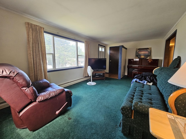 381 Birch St, Bangor, ME 04401 - living area featuring a baseboard radiator, carpet, and crown molding