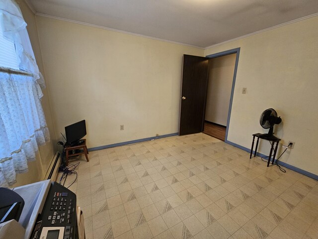 381 Birch St, Bangor, ME 04401 - empty room featuring crown molding, light flooring, and baseboard heating