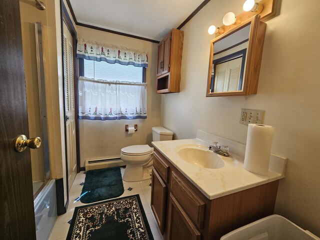 381 Birch St, Bangor, ME 04401 - full bath featuring a baseboard radiator, vanity, tile patterned floors, ornamental molding, and washtub / shower combination