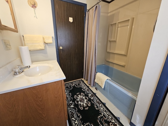 381 Birch St, Bangor, ME 04401 - bathroom with vanity, shower / tub combo with curtain, and tile patterned flooring