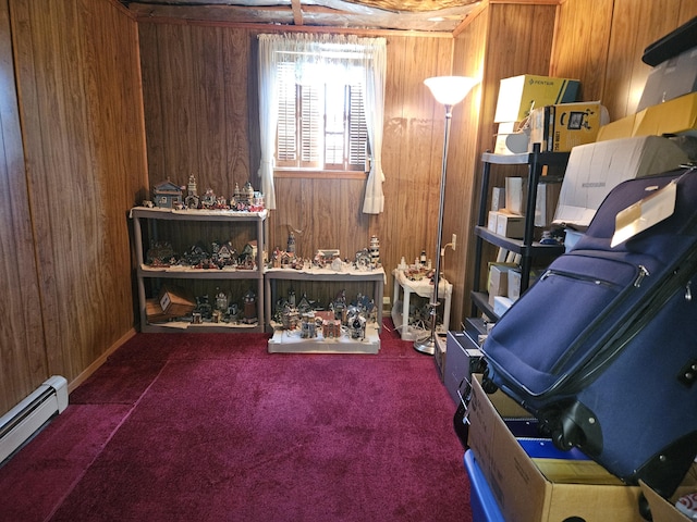 381 Birch St, Bangor, ME 04401 - miscellaneous room with wooden walls, carpet, and a baseboard radiator
