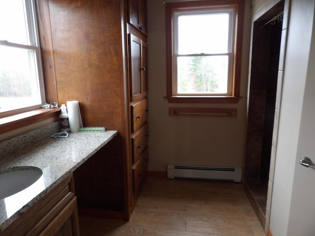 953 Pushaw Rd, Glenburn, ME 04401 - bathroom featuring a baseboard heating unit, plenty of natural light, vanity, and wood finished floors