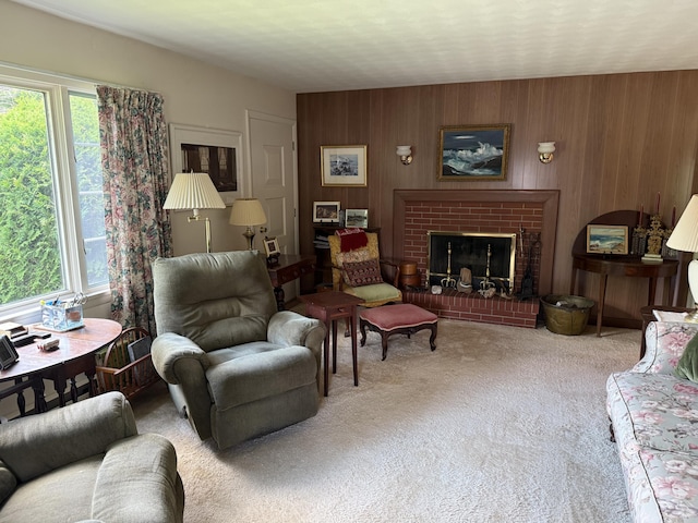 29 Birchwood Blvd, Brewer, ME 04412 - carpeted living area with plenty of natural light, wooden walls, and a brick fireplace
