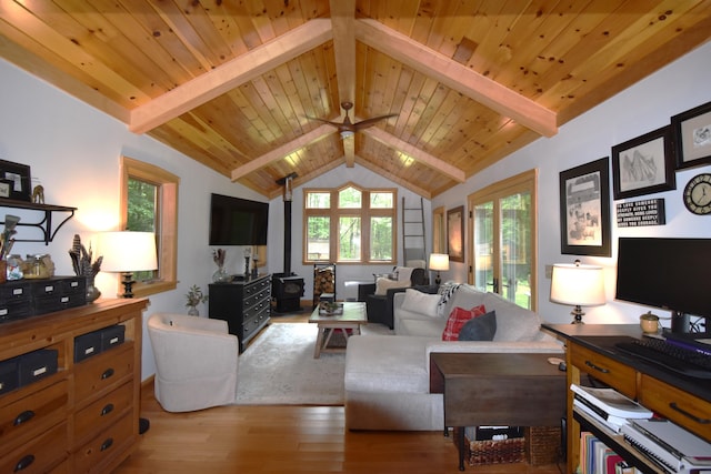108 Maple Rd, Atkinson, ME 04426 - living area with light wood-type flooring, a wood stove, a ceiling fan, and wooden ceiling