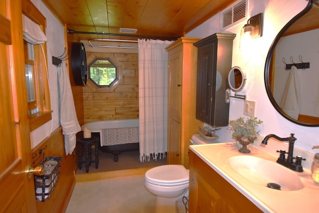 108 Maple Rd, Atkinson, ME 04426 - bathroom featuring vanity, wooden walls, shower / bath combo with shower curtain, and wood ceiling